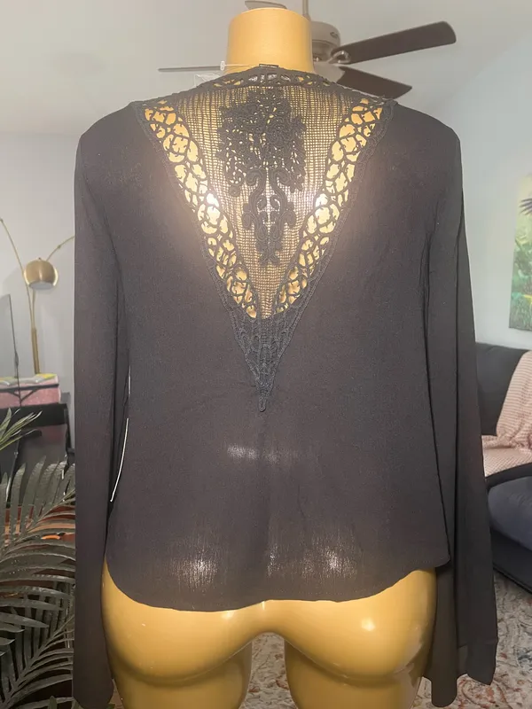 Black sheer top with lace back and bell sleeves - Image 2