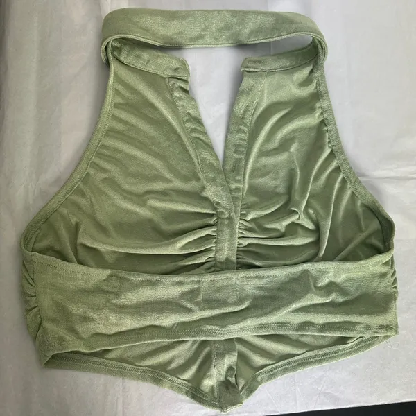 Princess Polly Sage Green Halter Crop Top Button Front Ruched Open Back Size 12 - Image 2
