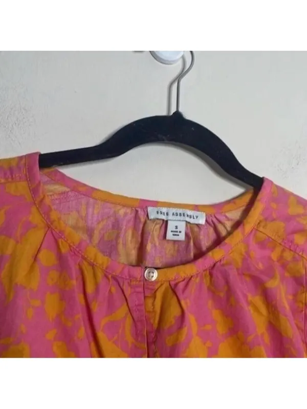 Free Assembly Pink and Orange Floral Shirred Short Sleeve Dress Pockets - Image 4
