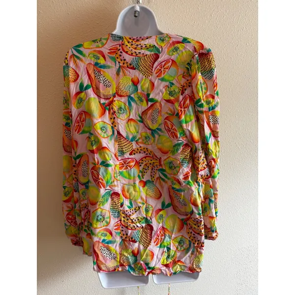 NWT Farm Rio Anthropologie Wrap Top XL Multi Tropical Fruit Beaded Tassel Summer - Image 13