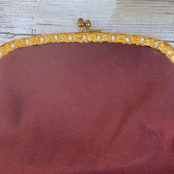 American Vintage VTG 60s Garay Purse Clutch Brown Fabric Gold Flowers Rhinestone‎ Kisslock MCM - Image 3