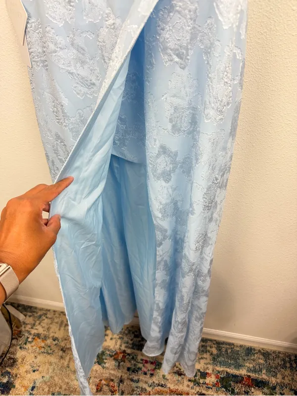 Azazie Slate Blue Floral Jacquard Maxi Flutter Sleeves High Slit Dress Size 10 - Image 5