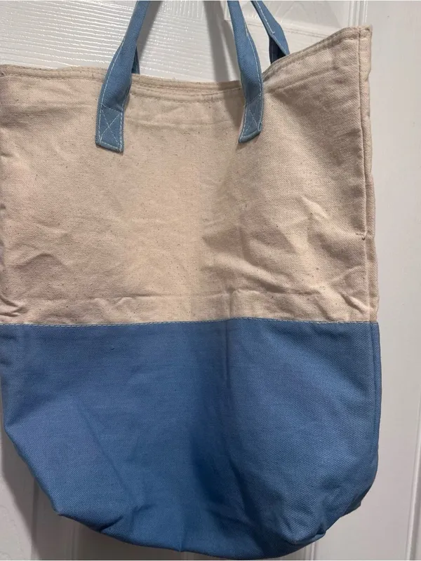 Martha Stewart Living Canvas Tote Bag Blue Cream Coastal Beach Market Bag - Image 2