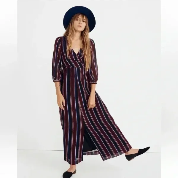 Madewell Wrap-Around Maxi Dress in Stockdale‎ Stripe Maroon Navy Size 00 ($178) - Image 2