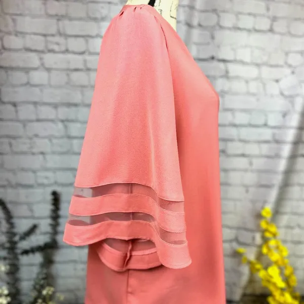 Casual V Neck 3/4 Bell Sleeve Mesh Panel Blouse Coral XL - Image 4