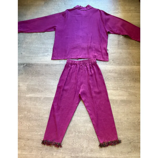 VTG T. Elliot 100% Linen Shirt And Pants Set Size S Colorful Fringe Art To Wear - Image 11