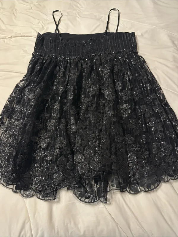 Free People All That Glitters Shimmery Black Lace Mini Dress — Size M - Image 6