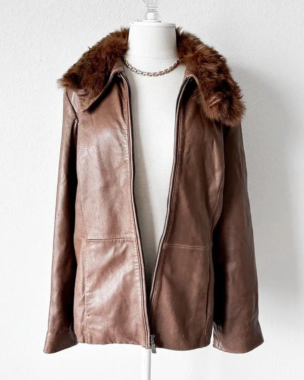Vintage Brown Rabbit Fur Genuine Leather Moto Jacket Coat Size L - Image 4
