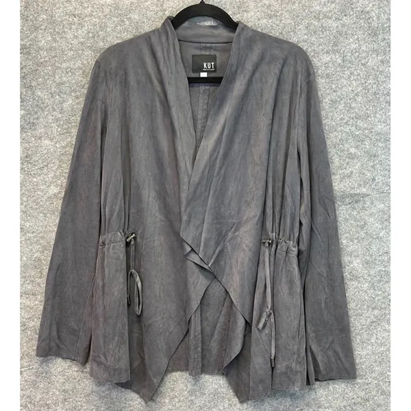 KUT FROM THE KLOTH Dianne Jacket Women Large Gray Faux Suede Drape Front Cinch‎ - Image 4