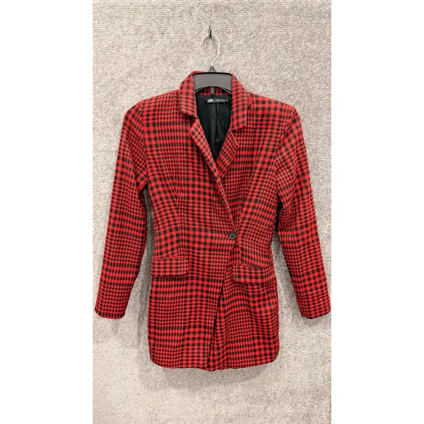 Zara Women Blazer Romper Small Red Black Houndstooth Long Sleeve Button Front - Image 4