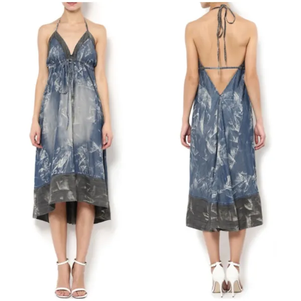 True Religion Womens Acid Wash Boho Open Back Halter Maxi Slip Dress Size M - Image 2