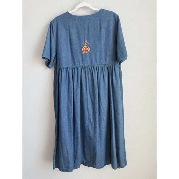 Vintage Embroidered Denim Dress Bechamel Button Front Cottagecore Grandma Core L - Image 9