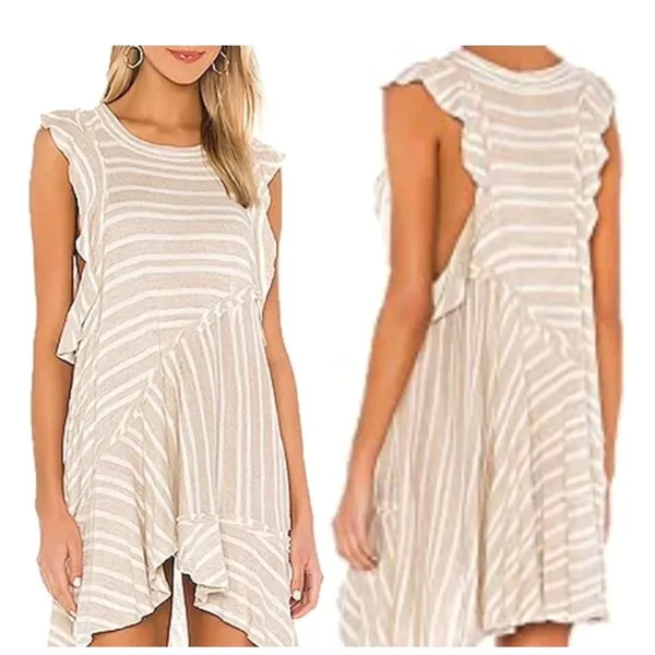 Free‎ People Mini Dress Women Small Beige Stripe Ruffle Sun Valley Boho Tunic - Image 3