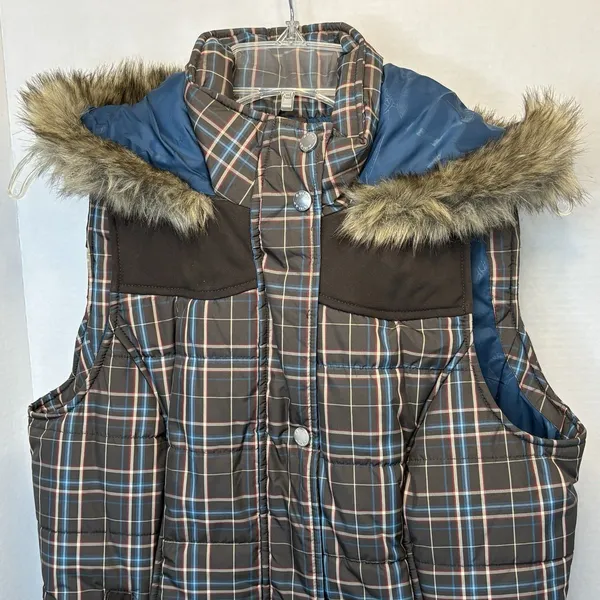 Ariat Brown Teal Plaid Faux Fur Trim Removable Hood Puffer Equestrian Vest M - Image 2