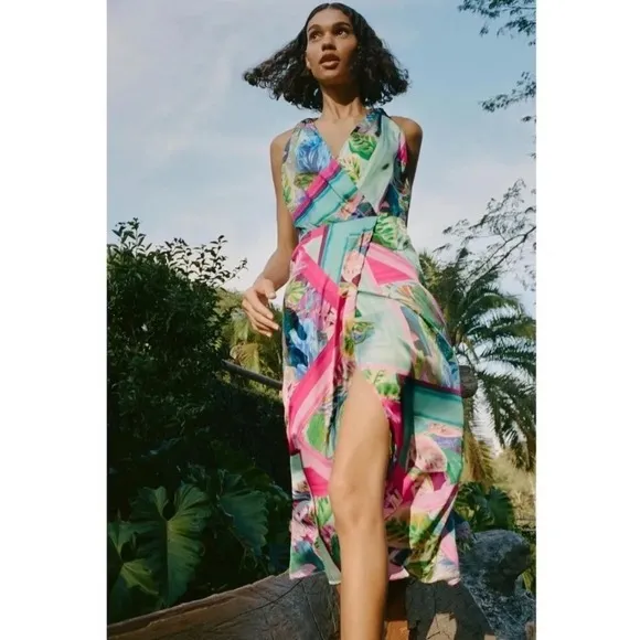 ZARA Multicolor Satin Effect Tropical Scarf Print V- Neck Midi Dress - S‎ NWT - Image 4