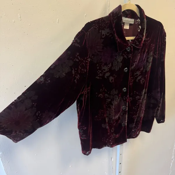 Vintage Carol Anderson California Burnout Velvet Floral Blouse Top Burgundy Lg - Image 3