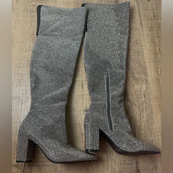 Gianni Bini Woman’s 7 Queen-Bee Size 6M 6 Silver Rhinestone‎ Over-the-Knee Boots - Image 2
