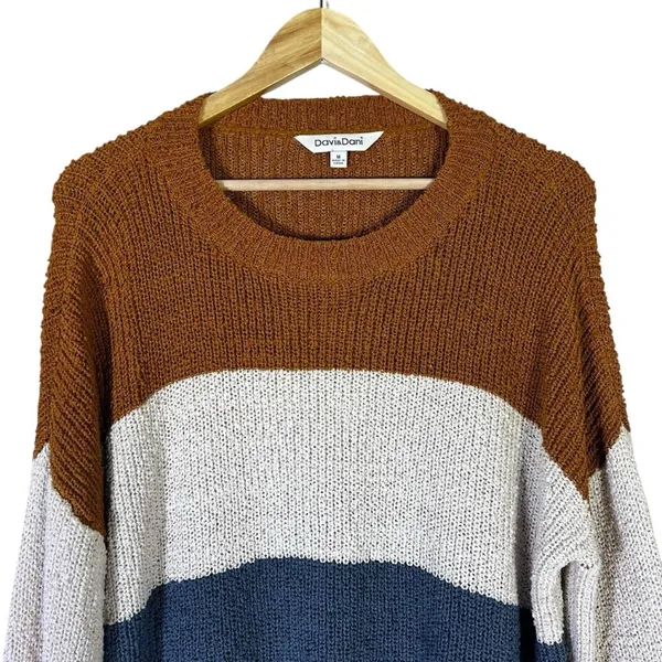 Davi & Dani Colorblock Striped Shaker Knit Sweater Brown Navy Preppy Size M - Image 3