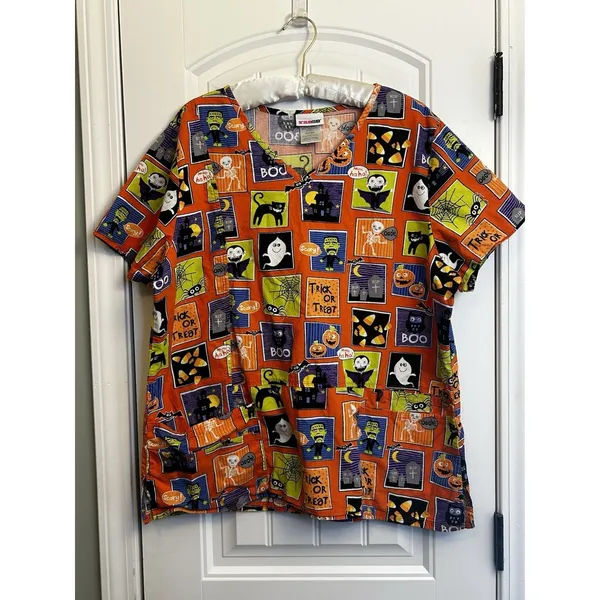 ScrubStar Halloween Scrub Top XL Ghost Pumpkin Black Cat Nurse Cotton Fun - Image 14