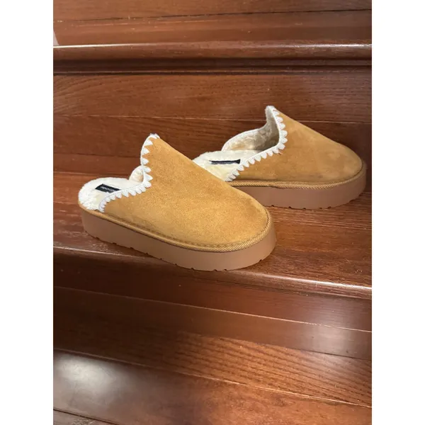 French Connection Womens Chunky Platform Slippers Tan Faux Fur Mules Size M 7-8 - Image 5