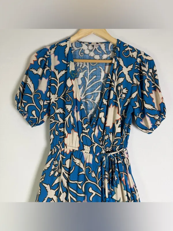 Knox Rose Women’s XS Blue Floral Boho Midi Wrap Dress Tassel Tie Tiered - Image 3