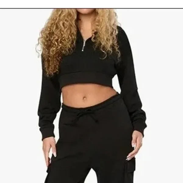 NWT WeWoreWhat Cropped Half Zip Fleece Cotton Hoodie Long Sleeve Small Black - Image 12