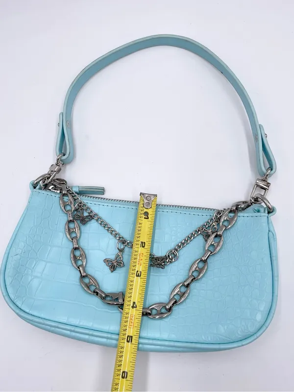 American Vintage Vintage Y2K Mini Bag Purse Baby Blue Croc Embossed Faux Leather Butterfly Charm - Image 8