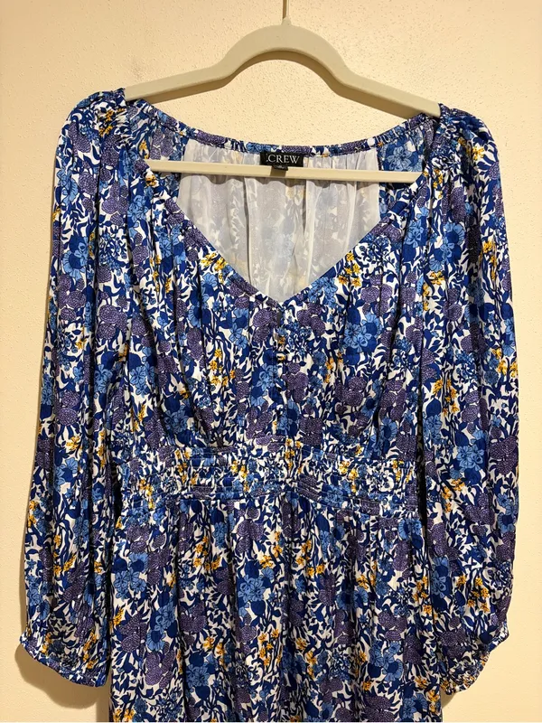 J. Crew V-neck Midi Dress in Fête Floral Print Blue Satin Long Sleeves Medium - Image 6