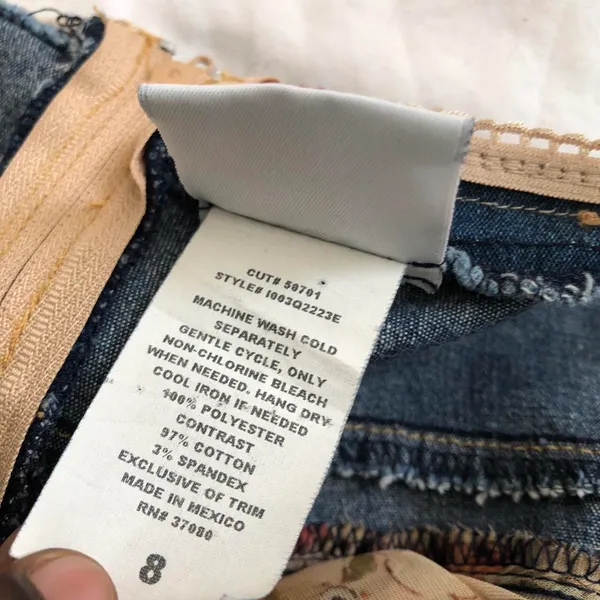 Carolina Blues 2000s Y2K boho hippie Tan navy blue jean denim patchwork midi dress with button front cami spaghetti strap #festival Size 8/M, measurements in pics - Image 5