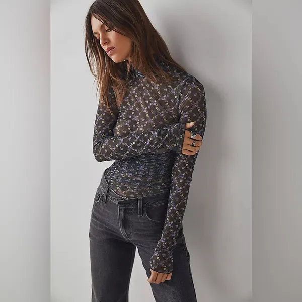 free people black floral turtle neck body suit size xs - Image 6