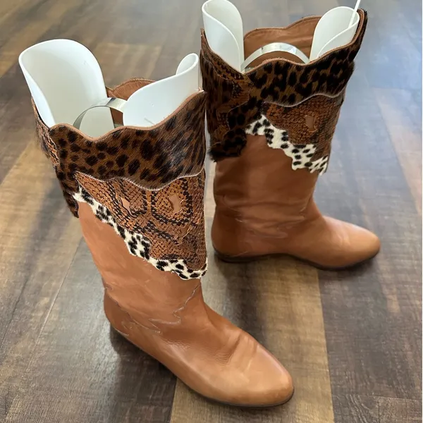 Donna Carolina Leather Patchwork Cowboy Boots Tan Animal Print EU 36.5 - Image 6