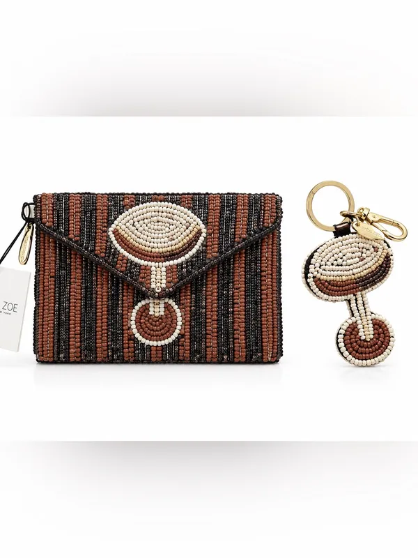 Rachel Zoe NWT Brown Expresso Beaded Card Case Holder Key Charm Boxed Gift Set - Image 2