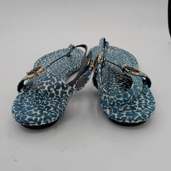Tory Burch Minnie Travel Sandal Blue Leopard Print‎ Leather Thong Slingback 8M - Image 6