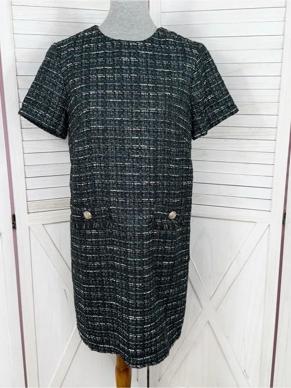 Loft Tweed Front Pocket Shift Dress Black Teal Size 4 Preppy Office Retro Boucle - Image 2