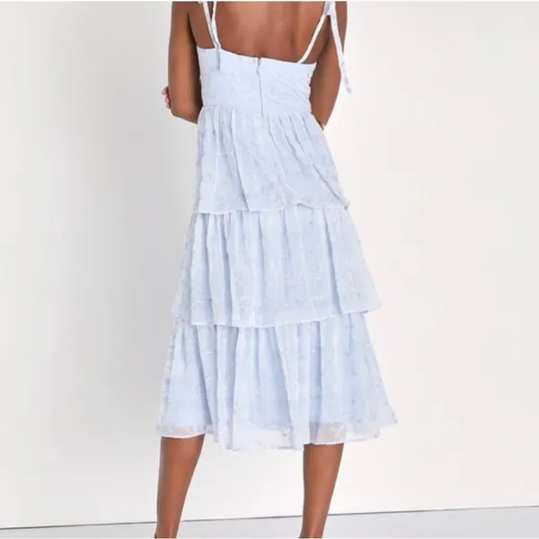 Lulu’s Vineyard Visit Blue Embroidered Tie-Strap Tiered Midi Dress Light Blue L - Image 4