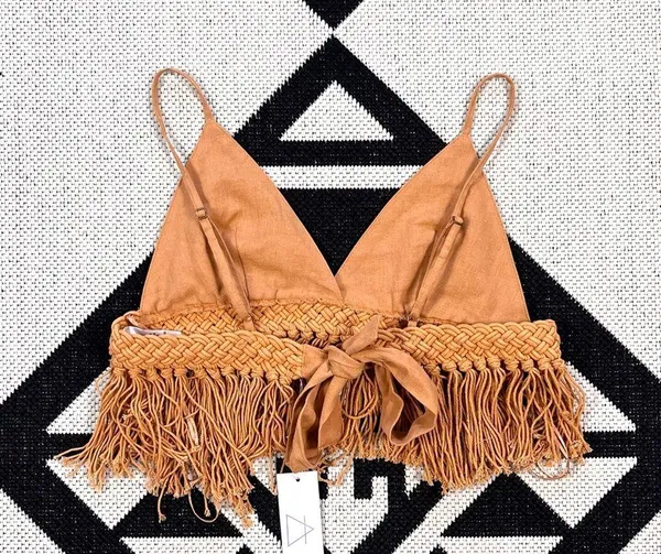Sage The Label Giulia Boho Fringe Hem Crop Top in Rust Medium - Image 8