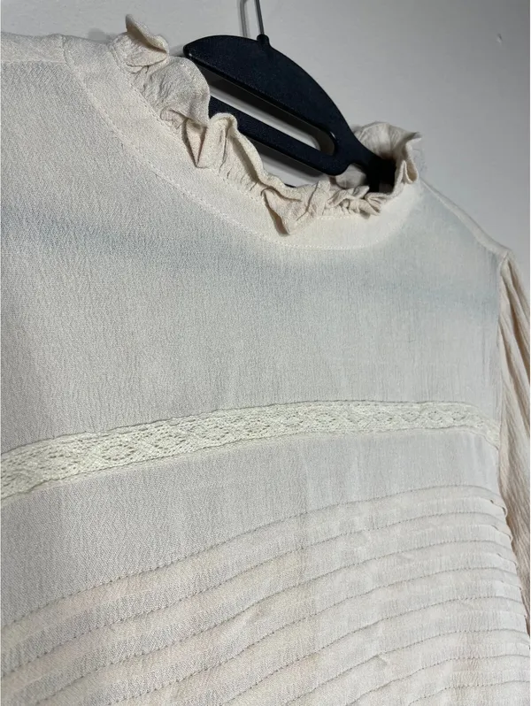 Polagram Cream Pintuck Lace Blouse Cottagecore Boho Ruffle S - Image 5