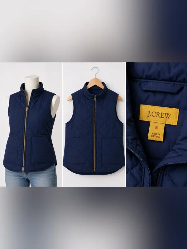 J. Crew Navy Quilted Sleeveless Zip Vest with Gold Zip - Image 4