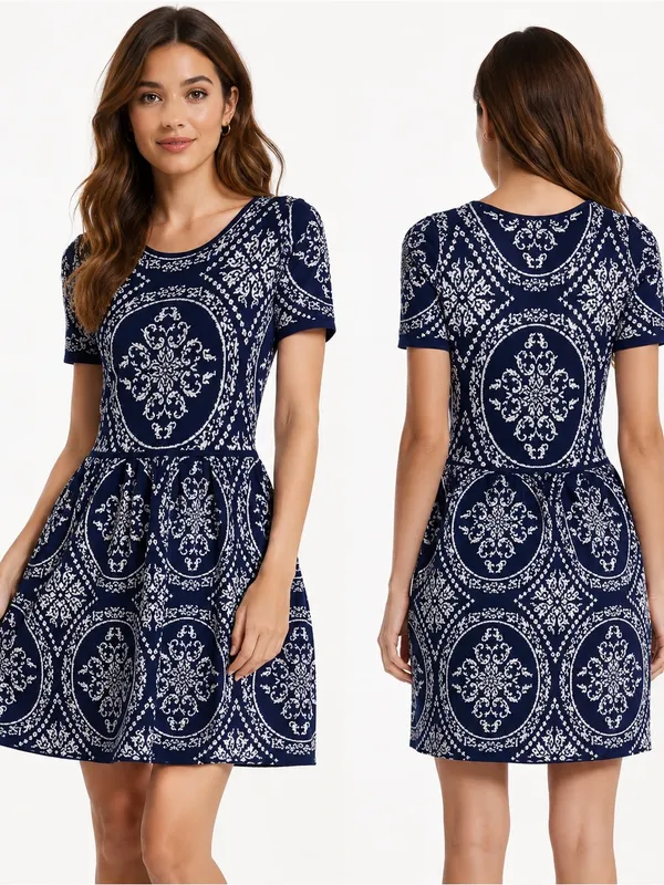 Romeo & Juliet Couture Damask Knit‎ Skater Sweater Dress Navy Blue White XS - Image 2