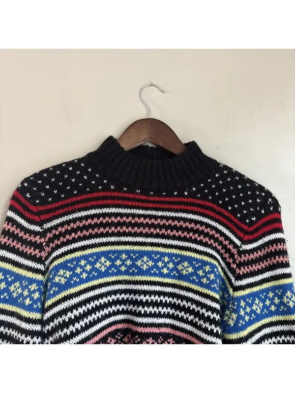 American Eagle Black Fair Isle Mock Neck Sweater Striped Bishop Sleeves Size M - Image 3