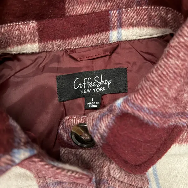 Coffee Shop New York burgundy and white plaid flannel jacket in a L #flannel #plaid #backtoschool - Image 2