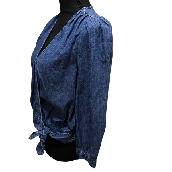 Madewell‎ Denim Wrap Top 70s Retro Style Crop 3/4 Sleeve V-Neck Mid Blue Small - Image 2