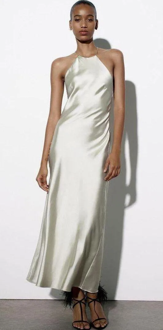 ZARA Satin Effect Dress Maxi Midi Slip Bodycon Wedding Party Coctail - Image 3