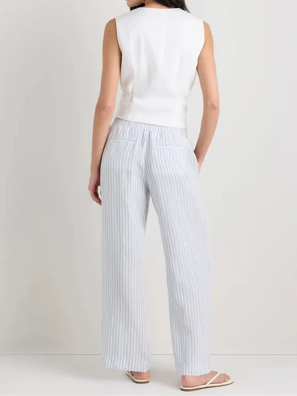 Women’s Quince 100% European Linen Wide Leg Pants Sky Blue Mariner Stripe Sz S - Image 5