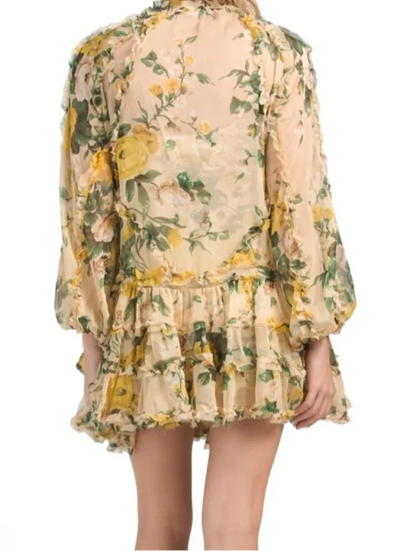 O.P.T Womens Green Yellow Floral Angelique Ruffle Mini Babydoll Dress Small - Image 7