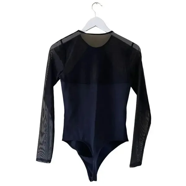 Abercrombie & Fitch Black Soft Long Sleeves Mesh Square Neck Bodysuit SZ S #1112 - Image 6