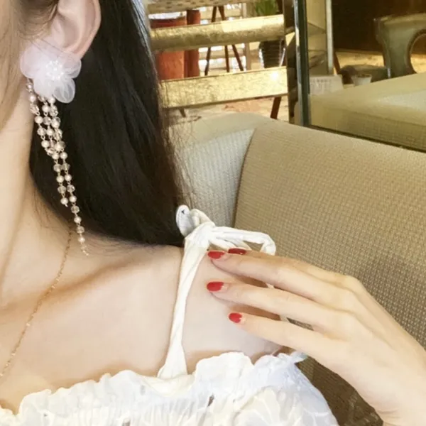 Women's Pearl Crystal Flower Long Tassel Dangle Drop Earrings - Image 4