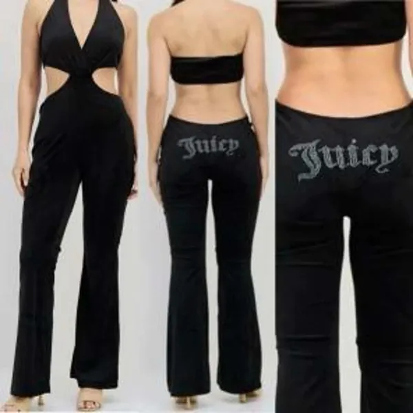 Juicy Couture‎ Jumpsuit Size M Black Velour Cutout Rhinestone Logo Flare Leg Y2K - Image 4
