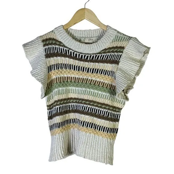 Elan Striped Knit Flutter Sleeve Sweater Top Womens S Neutral Boho Cottagecore - Image 2