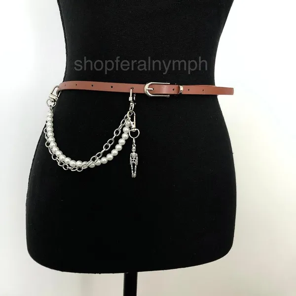 Vintage Y2K Whimsygoth Skeleton Pearl Chain Belt, Fits 33–36 Inches, X7GA1193 - Image 2